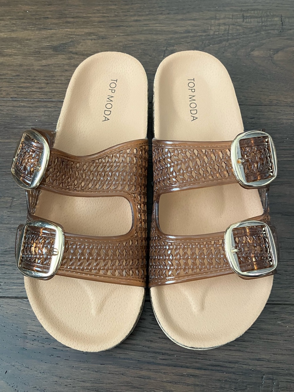 TOP Moda Brown Woven Double-Buckle Slide Sandals